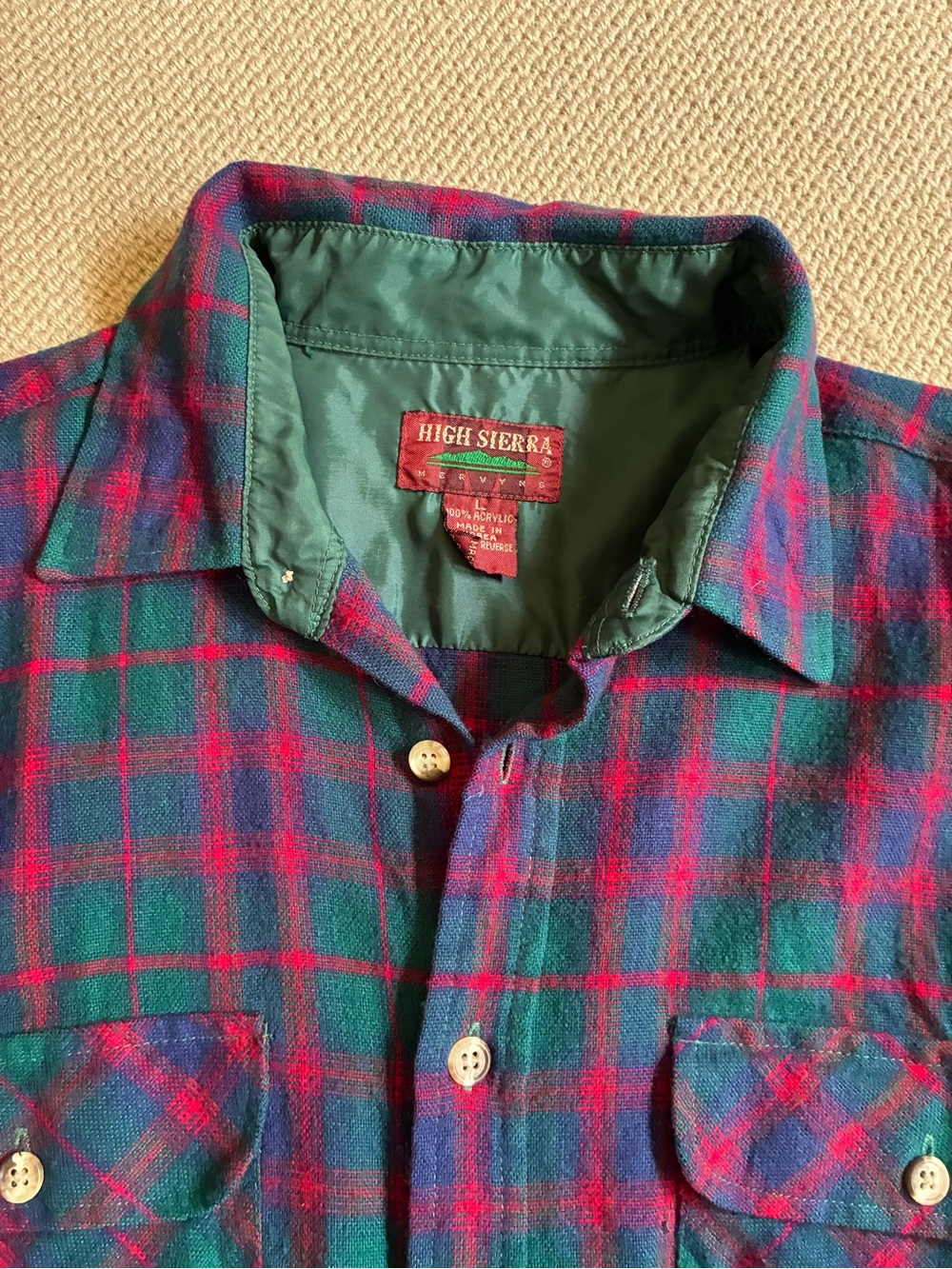 High Sierra Green, Red & Blue Plaid Flannel Shirt Large Vintage
